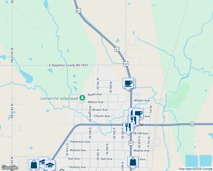 map of restaurants, bars, coffee shops, grocery stores, and more near 609 Grimes Avenue in Comanche