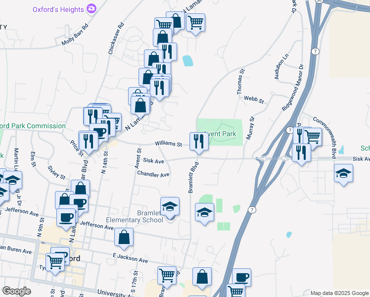 map of restaurants, bars, coffee shops, grocery stores, and more near 301-323 Williams Ave in Oxford