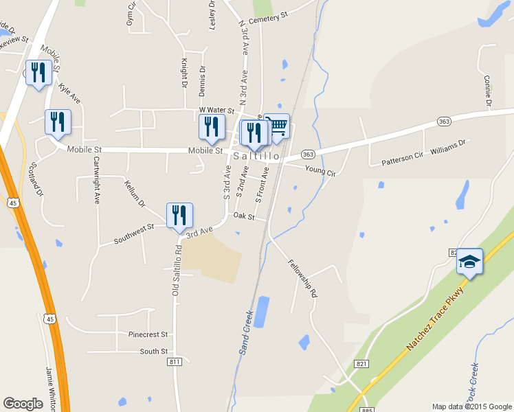 map of restaurants, bars, coffee shops, grocery stores, and more near 161 South Front Avenue in Saltillo