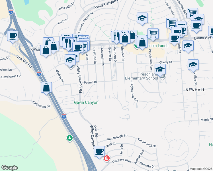 map of restaurants, bars, coffee shops, grocery stores, and more near 25072 Atwood Boulevard in Santa Clarita
