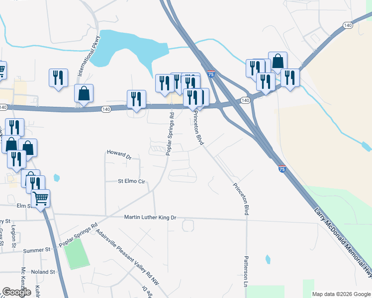 map of restaurants, bars, coffee shops, grocery stores, and more near 69 Princeton Glen Court in Adairsville