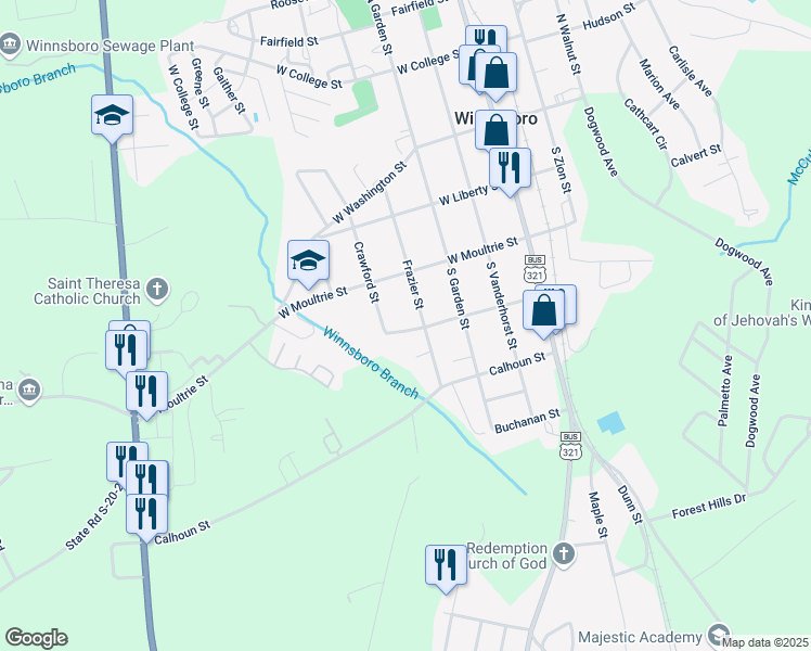 map of restaurants, bars, coffee shops, grocery stores, and more near 408 Palmer Street in Winnsboro