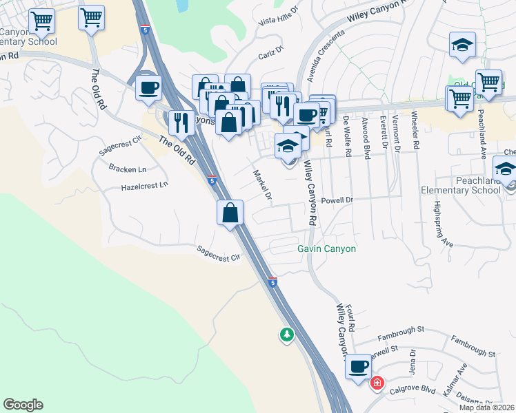 map of restaurants, bars, coffee shops, grocery stores, and more near 24440 Lisa Kelton Place in Santa Clarita