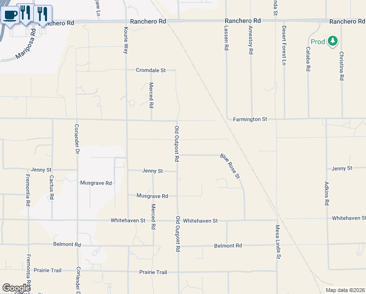 map of restaurants, bars, coffee shops, grocery stores, and more near 6797 Blue Rose Street in Hesperia