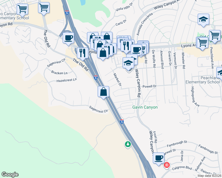 map of restaurants, bars, coffee shops, grocery stores, and more near 24440 Lisa Kelton Place in Santa Clarita