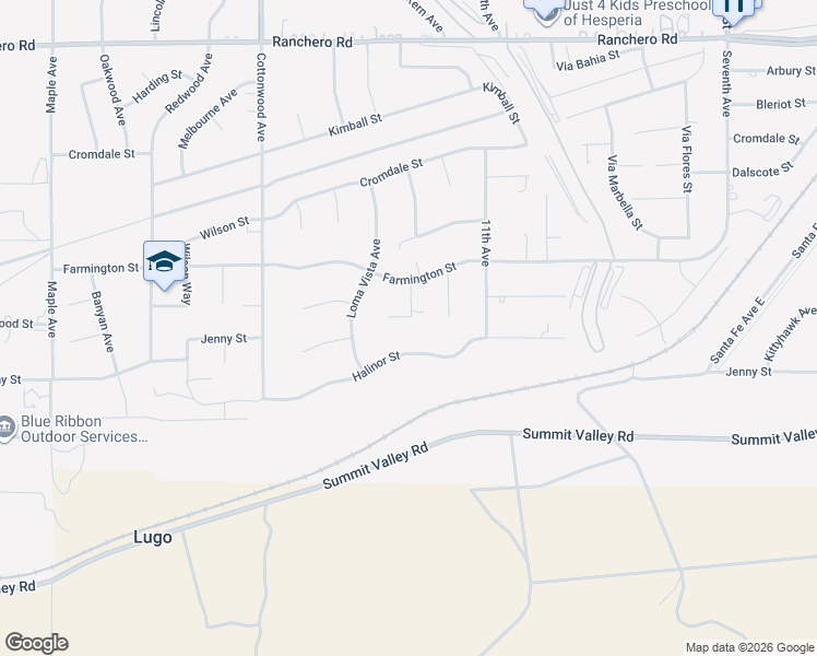 map of restaurants, bars, coffee shops, grocery stores, and more near 15199 Farmington Court in Hesperia