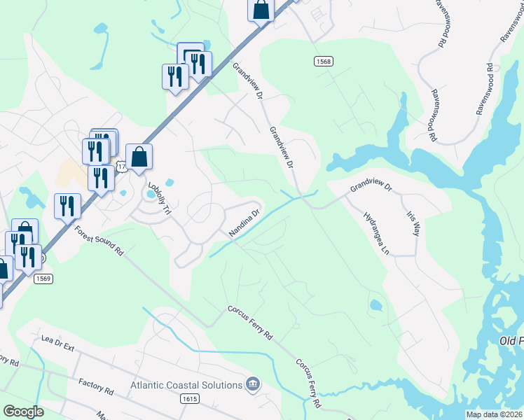 map of restaurants, bars, coffee shops, grocery stores, and more near 144 Nandina Drive in Hampstead