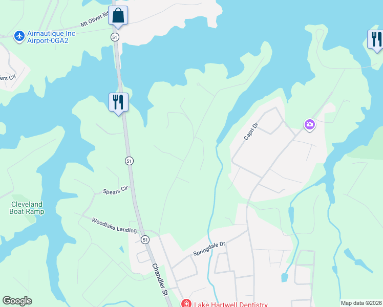 map of restaurants, bars, coffee shops, grocery stores, and more near 112 Pinecrest Drive in Hartwell