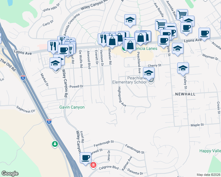 map of restaurants, bars, coffee shops, grocery stores, and more near 25073 Wheeler Road in Santa Clarita
