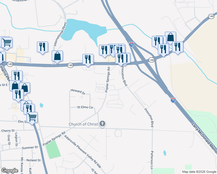 map of restaurants, bars, coffee shops, grocery stores, and more near 46 Princeton Glen Court in Adairsville