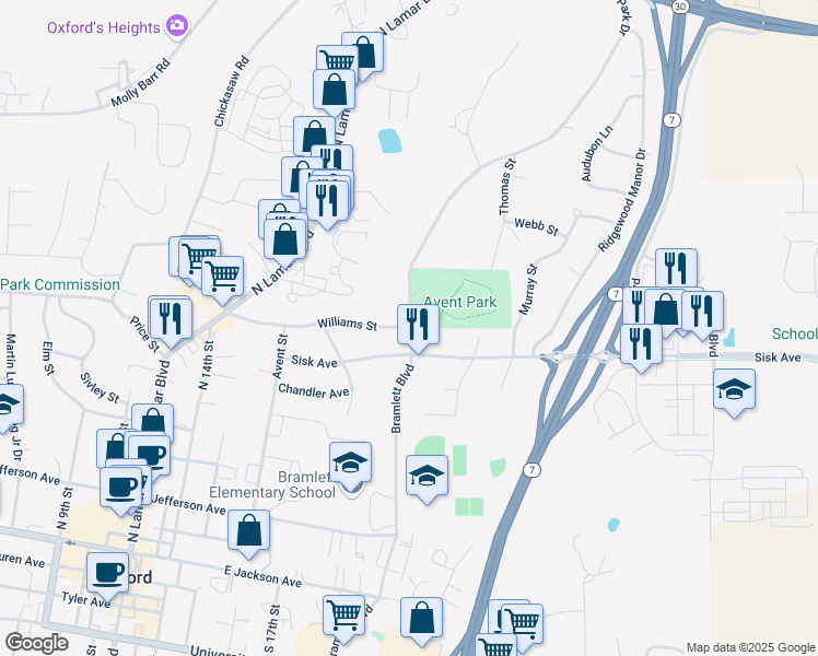 map of restaurants, bars, coffee shops, grocery stores, and more near 323 Williams Ave in Oxford