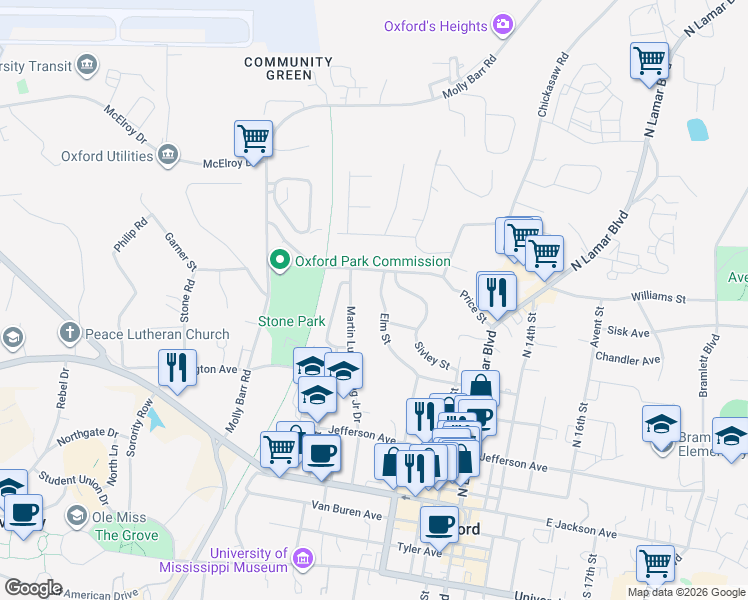 map of restaurants, bars, coffee shops, grocery stores, and more near 720 Martin Luther King Junior Drive in Oxford