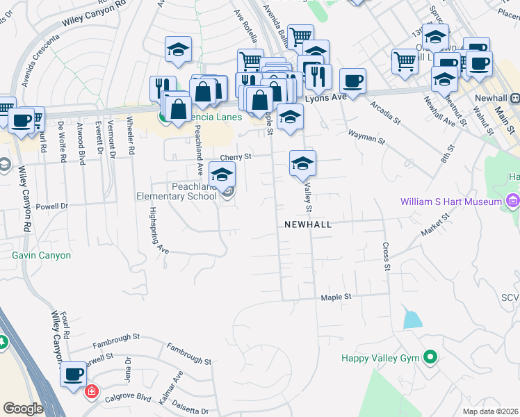 map of restaurants, bars, coffee shops, grocery stores, and more near 23428 Oakrun Lane in Santa Clarita