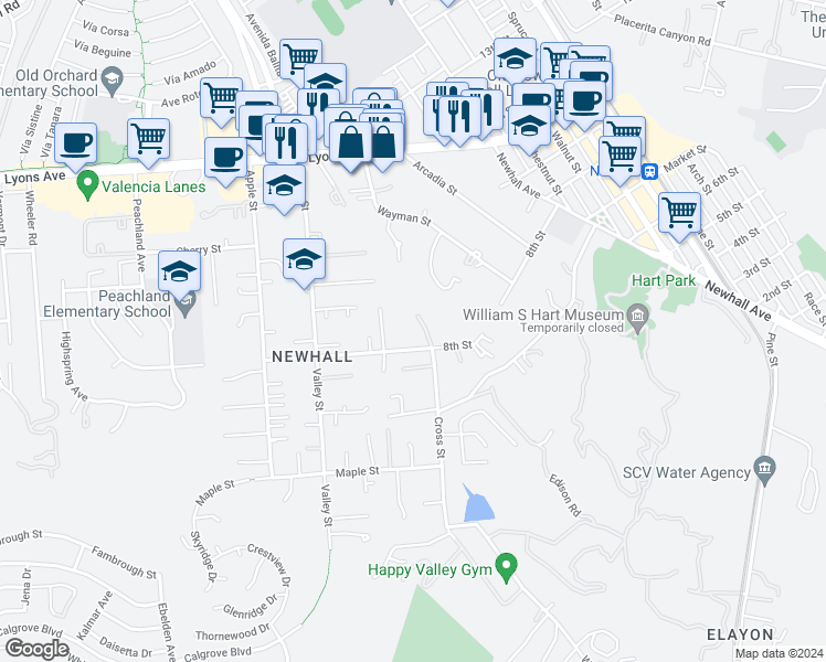map of restaurants, bars, coffee shops, grocery stores, and more near 23229 8th Street in Santa Clarita
