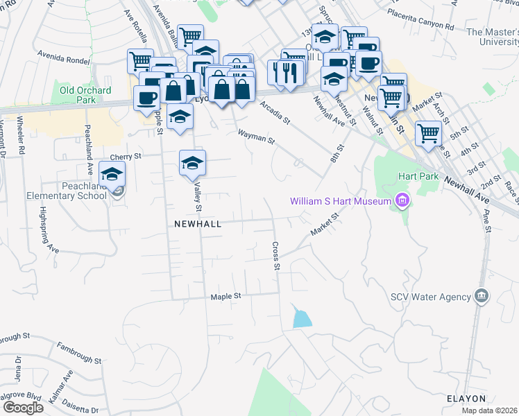 map of restaurants, bars, coffee shops, grocery stores, and more near 23229 8th Street in Santa Clarita