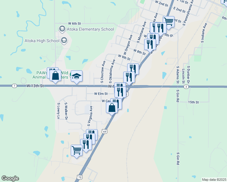 map of restaurants, bars, coffee shops, grocery stores, and more near 1309 Melba Avenue in Atoka