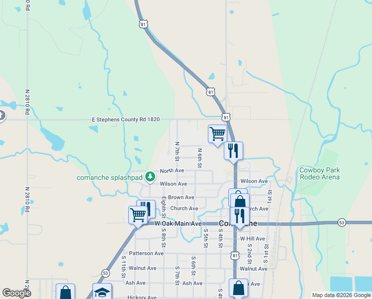map of restaurants, bars, coffee shops, grocery stores, and more near 609 Grimes Avenue in Comanche