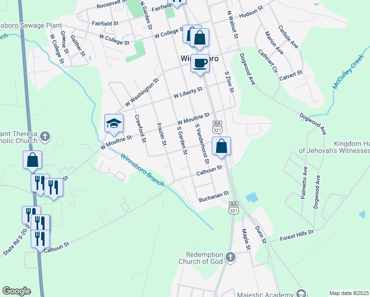 map of restaurants, bars, coffee shops, grocery stores, and more near 400 South Garden Street in Winnsboro