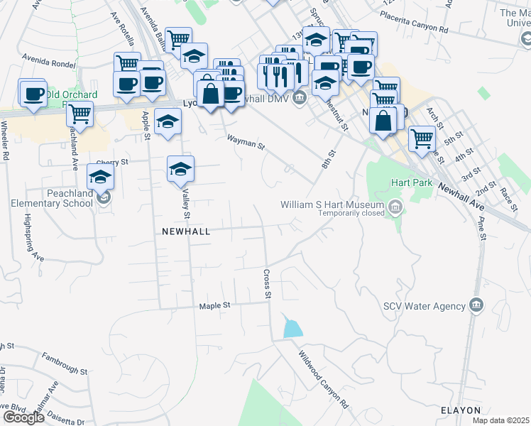 map of restaurants, bars, coffee shops, grocery stores, and more near 23153 1/2 8th Street in Santa Clarita