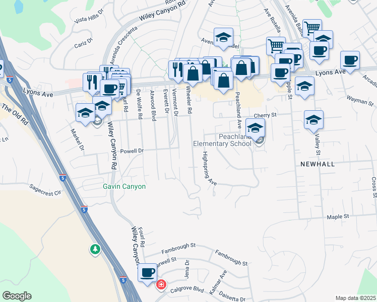 map of restaurants, bars, coffee shops, grocery stores, and more near 25083 Wheeler Road in Santa Clarita