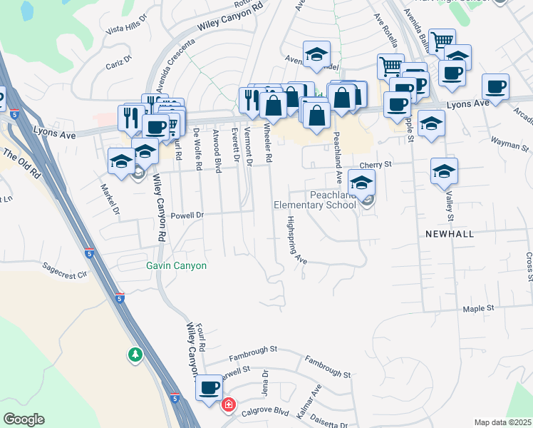map of restaurants, bars, coffee shops, grocery stores, and more near 25083 Wheeler Road in Santa Clarita