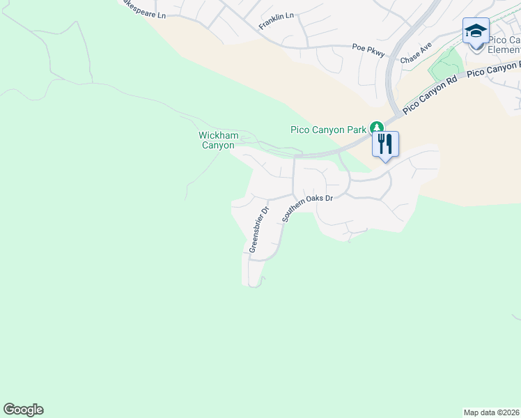 map of restaurants, bars, coffee shops, grocery stores, and more near 24987 Greensbrier Drive in Stevenson Ranch