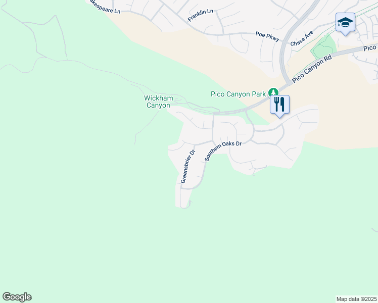 map of restaurants, bars, coffee shops, grocery stores, and more near 24987 Greensbrier Drive in Stevenson Ranch