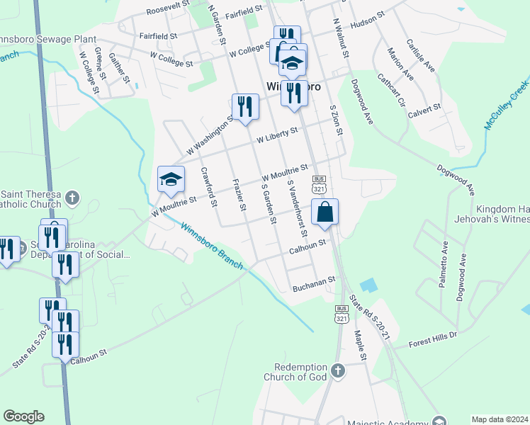 map of restaurants, bars, coffee shops, grocery stores, and more near 400 South Garden Street in Winnsboro