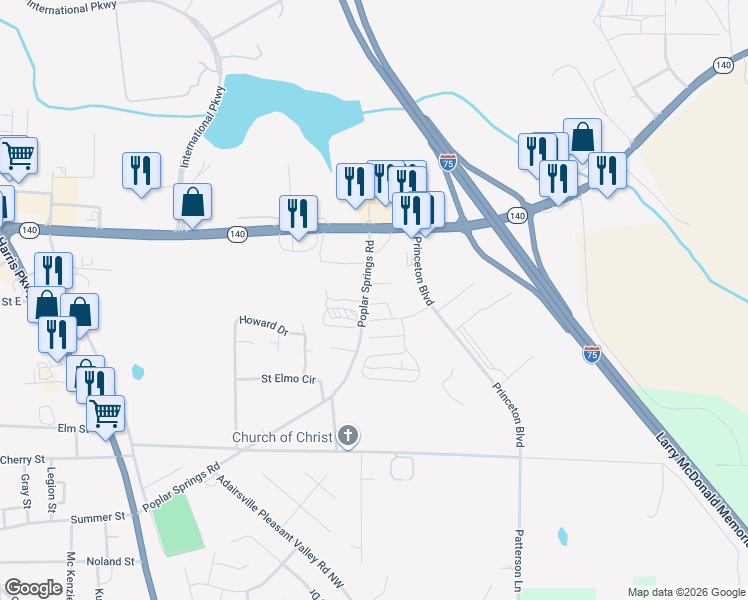 map of restaurants, bars, coffee shops, grocery stores, and more near 50 Princeton Glen Court in Adairsville