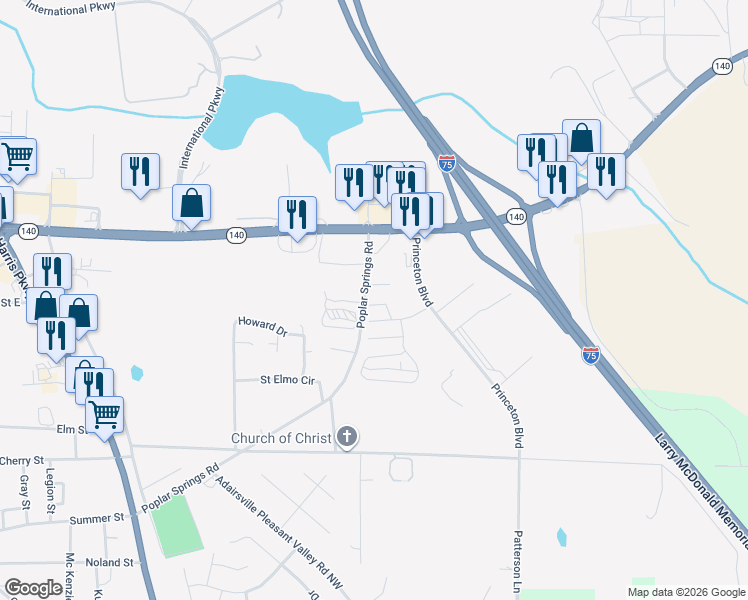 map of restaurants, bars, coffee shops, grocery stores, and more near 50 Princeton Glen Court in Adairsville