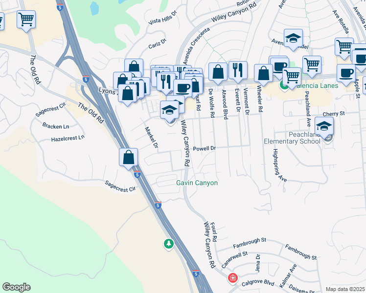 map of restaurants, bars, coffee shops, grocery stores, and more near 24301 Cheryl Kelton Place in Santa Clarita