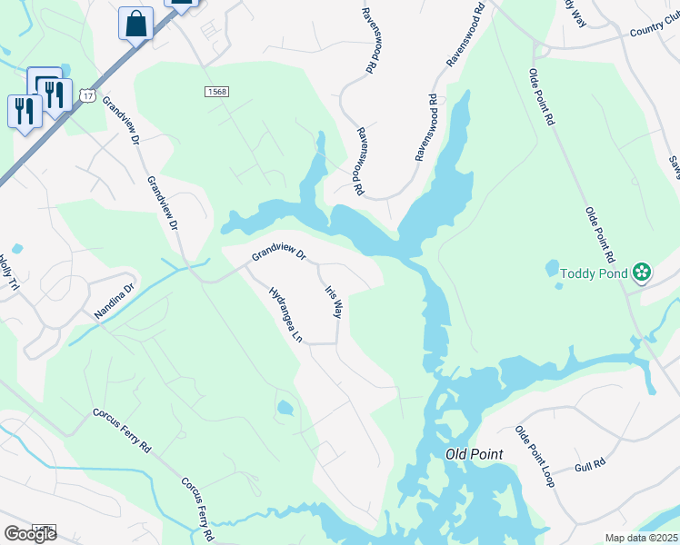 map of restaurants, bars, coffee shops, grocery stores, and more near 1060 Grandview Drive in Hampstead
