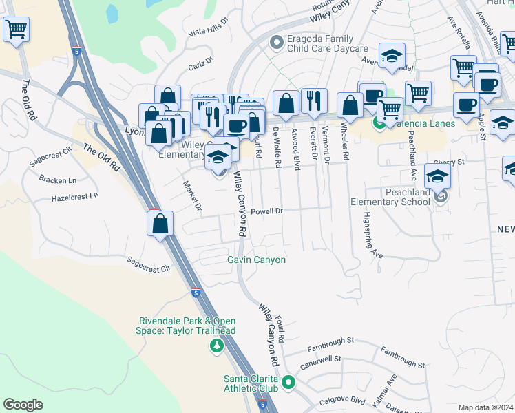map of restaurants, bars, coffee shops, grocery stores, and more near 25109 Fourl Road in Santa Clarita