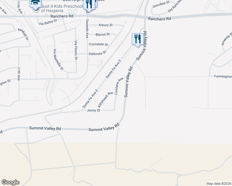 map of restaurants, bars, coffee shops, grocery stores, and more near Lurelane Avenue in Hesperia