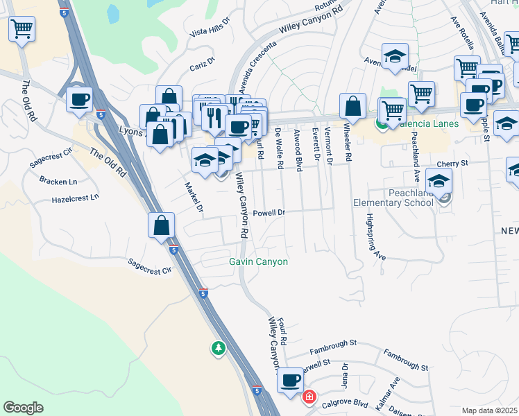map of restaurants, bars, coffee shops, grocery stores, and more near 25109 Fourl Road in Santa Clarita