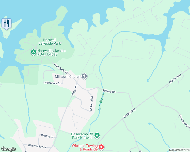 map of restaurants, bars, coffee shops, grocery stores, and more near 572 Milford Road in Hartwell