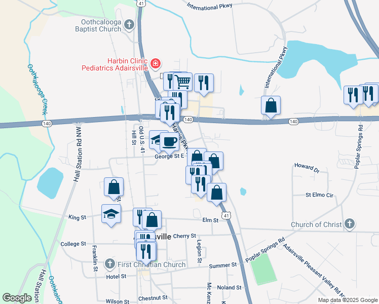map of restaurants, bars, coffee shops, grocery stores, and more near Joe Frank Harris Parkway Northwest in Adairsville
