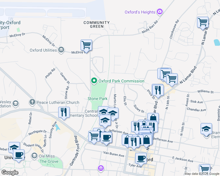 map of restaurants, bars, coffee shops, grocery stores, and more near 729 Martin Luther King Junior Circle in Oxford