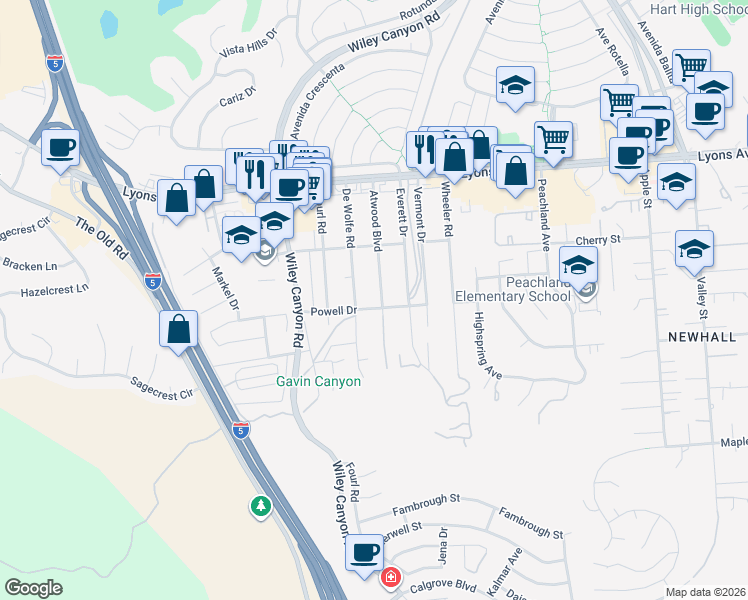 map of restaurants, bars, coffee shops, grocery stores, and more near 25107 Atwood Boulevard in Santa Clarita