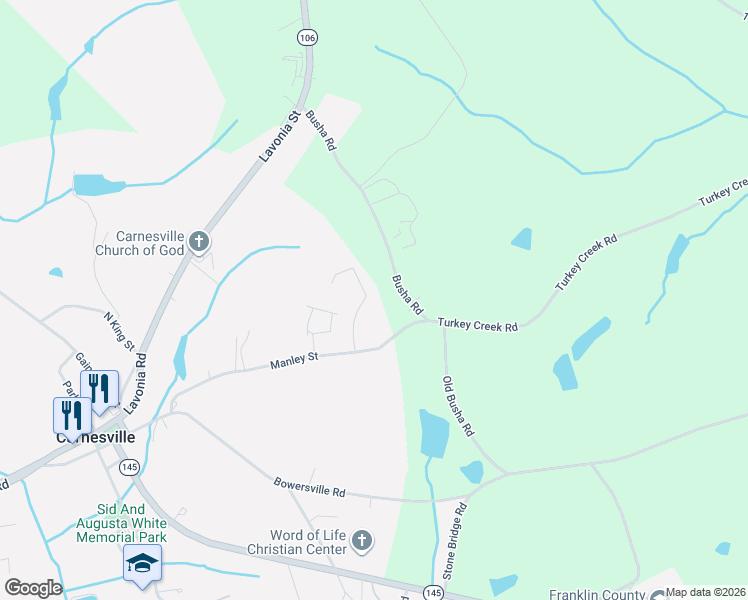 map of restaurants, bars, coffee shops, grocery stores, and more near 2814 Manley Street in Carnesville