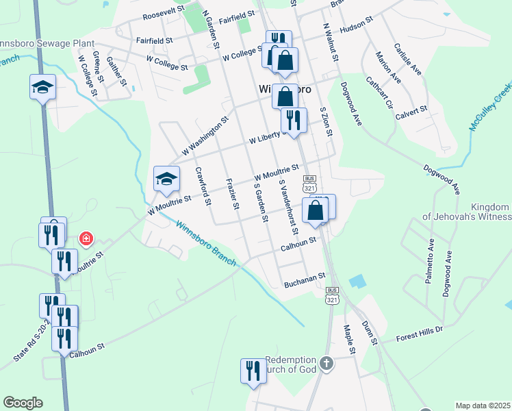 map of restaurants, bars, coffee shops, grocery stores, and more near 400 South Garden Street in Winnsboro