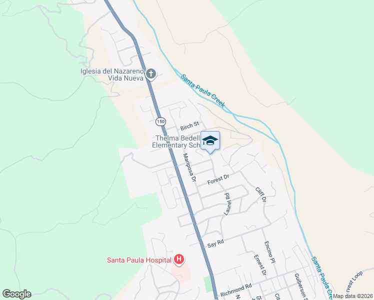 map of restaurants, bars, coffee shops, grocery stores, and more near 1313 Mariposa Drive in Santa Paula