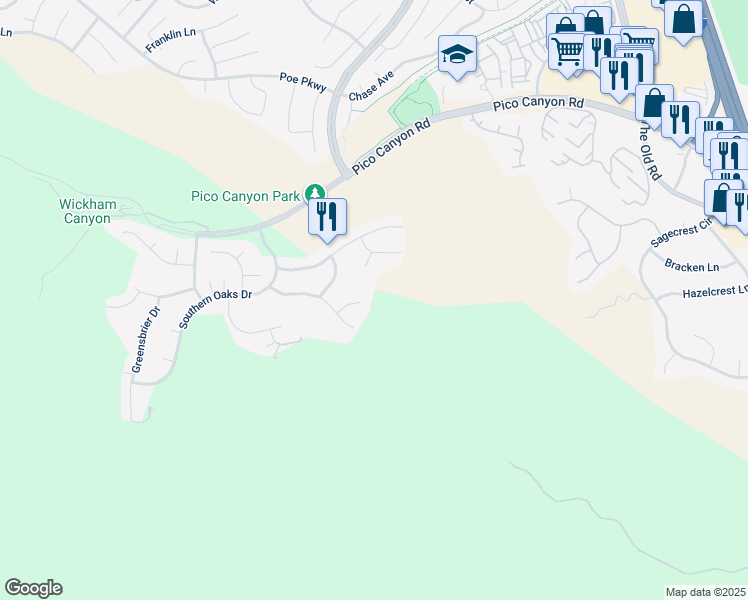 map of restaurants, bars, coffee shops, grocery stores, and more near 25505 Brighton Place in Stevenson Ranch