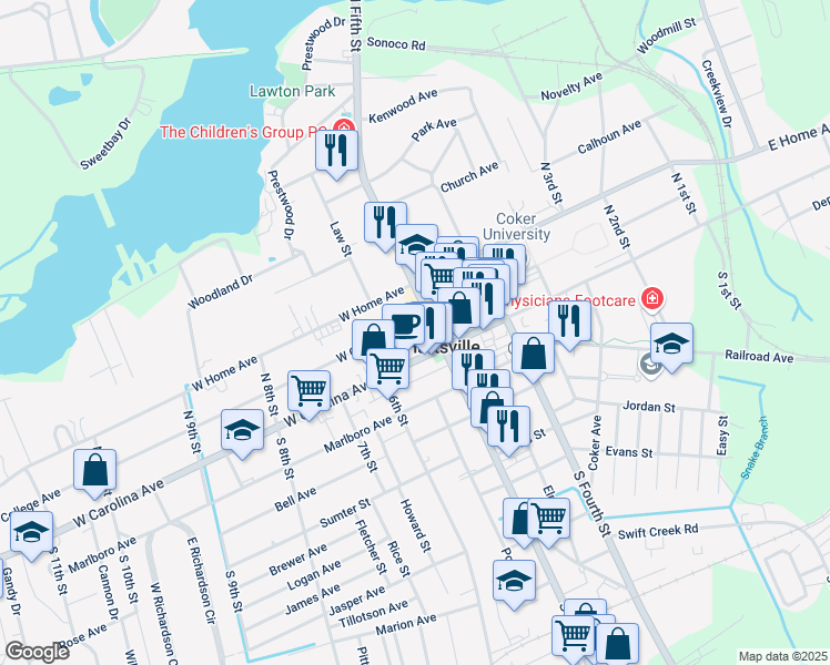 map of restaurants, bars, coffee shops, grocery stores, and more near 113 West College Avenue in Hartsville
