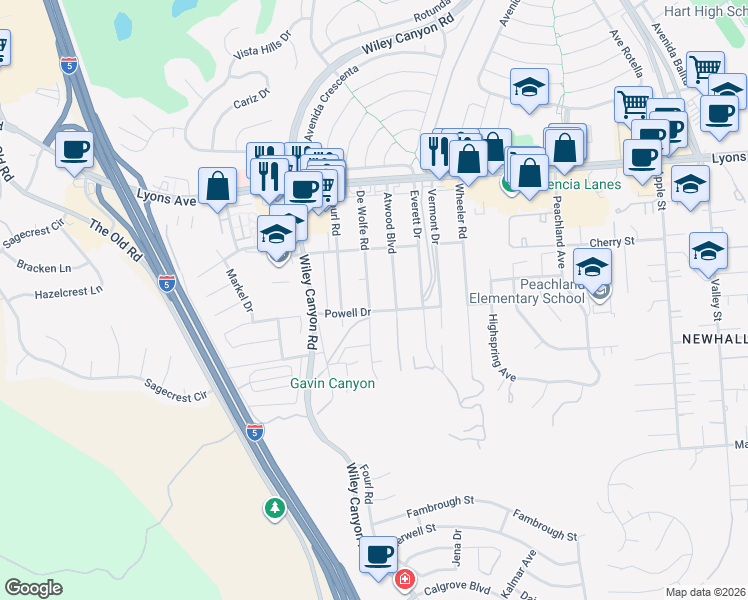 map of restaurants, bars, coffee shops, grocery stores, and more near 25112 De Wolfe Road in Santa Clarita
