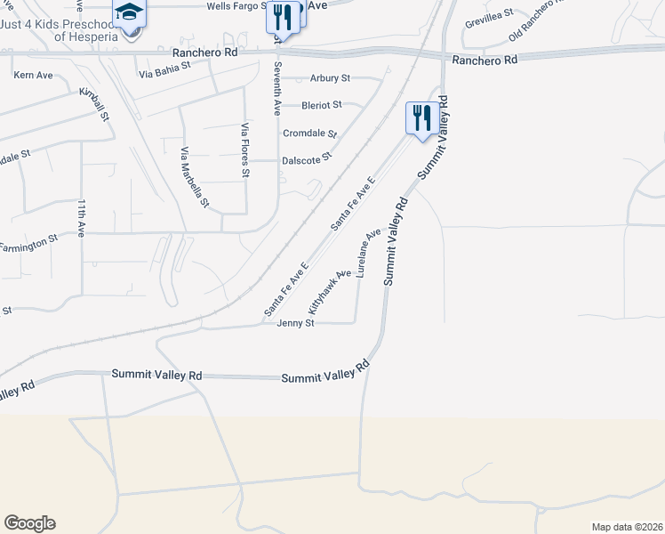 map of restaurants, bars, coffee shops, grocery stores, and more near 6822 Kittyhawk Avenue in Hesperia