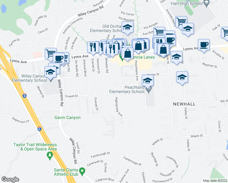 map of restaurants, bars, coffee shops, grocery stores, and more near 25105 Highspring Avenue in Santa Clarita
