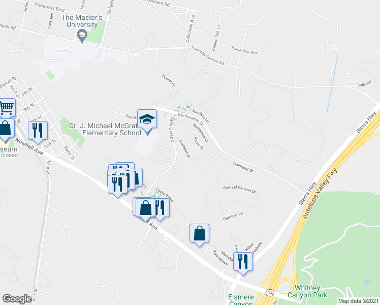 map of restaurants, bars, coffee shops, grocery stores, and more near 21319 Trumpet Drive in Santa Clarita