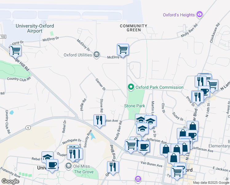 map of restaurants, bars, coffee shops, grocery stores, and more near 201-303 Garner Street in Oxford