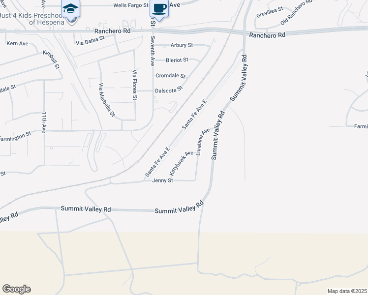 map of restaurants, bars, coffee shops, grocery stores, and more near 6818 Kittyhawk Avenue in Hesperia
